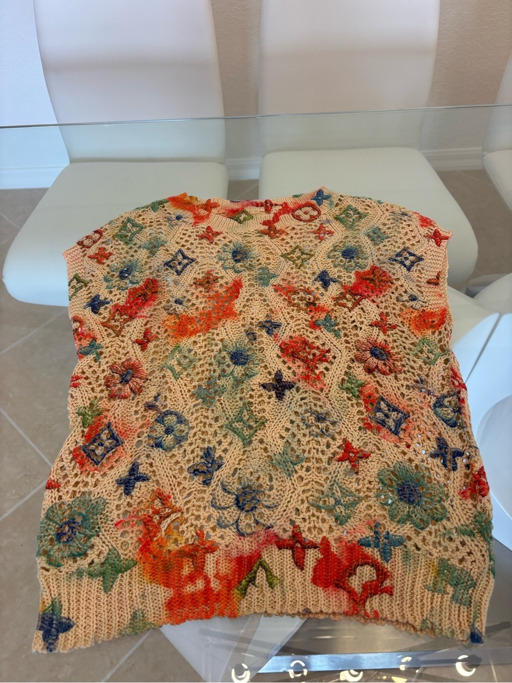 Crochet Knit Floral Tank Top in Cream with Multicolor Accents